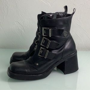 Harley Davidson Multi strap Chunky heel  easy on off Leather ankle boots Size 10